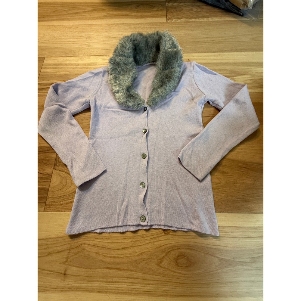 Faux Fur Collar Cardigan Women Small Lavender Purple Button Front Knit y2k